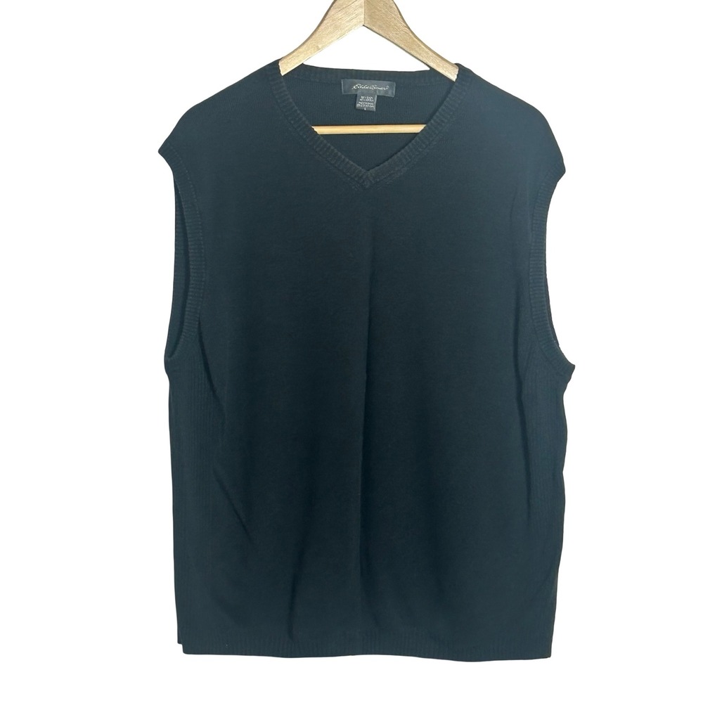 Eddie Bauer Mens‎ V Neck Sweater Vest Size L Black Linen Cotton Blend Preppy